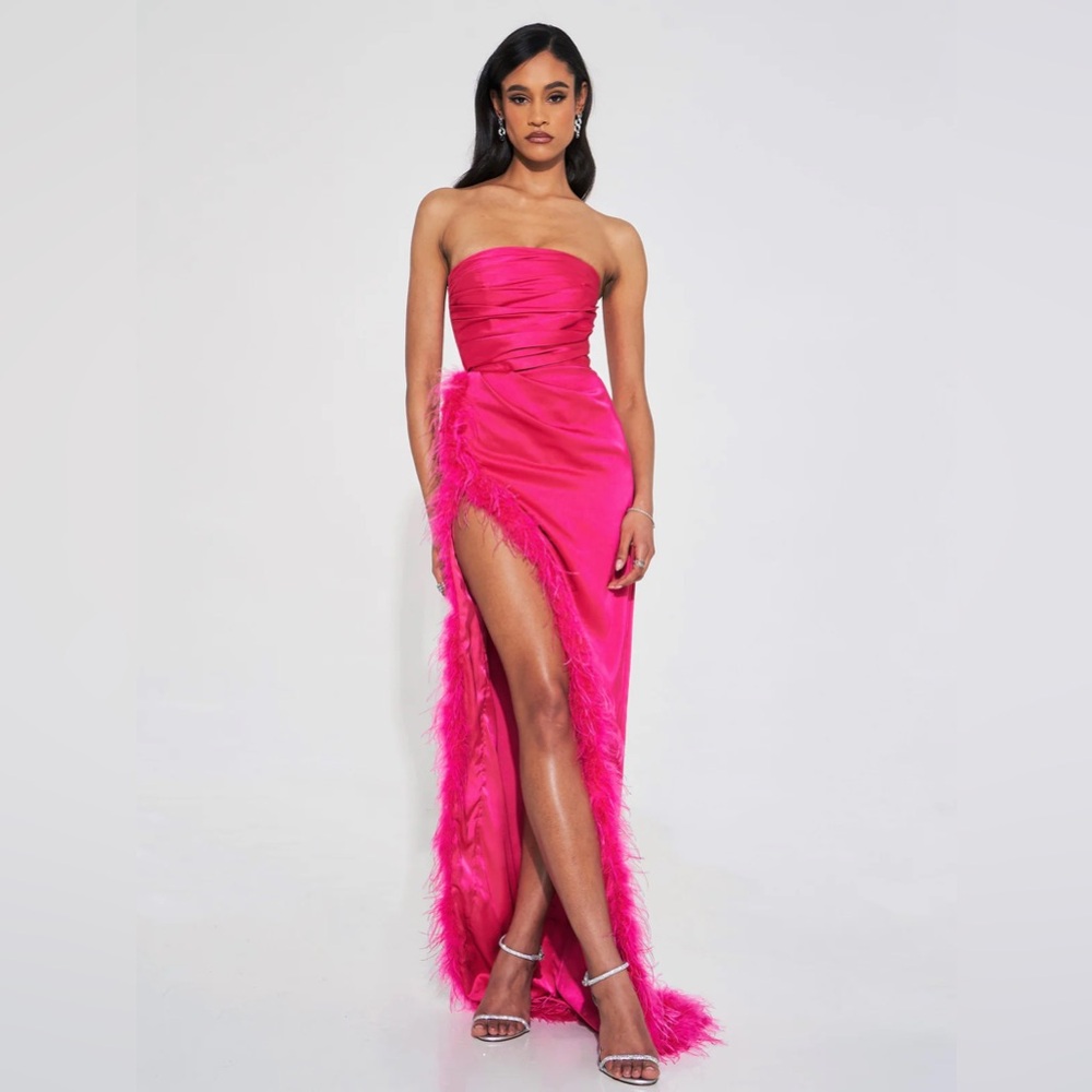 Perrin Fuchsia Pink Feather Dress High Slit Gown